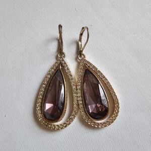 Vintage Napier Gold-Tone Purple Crystal Teardrop Halo Dangle Earrings